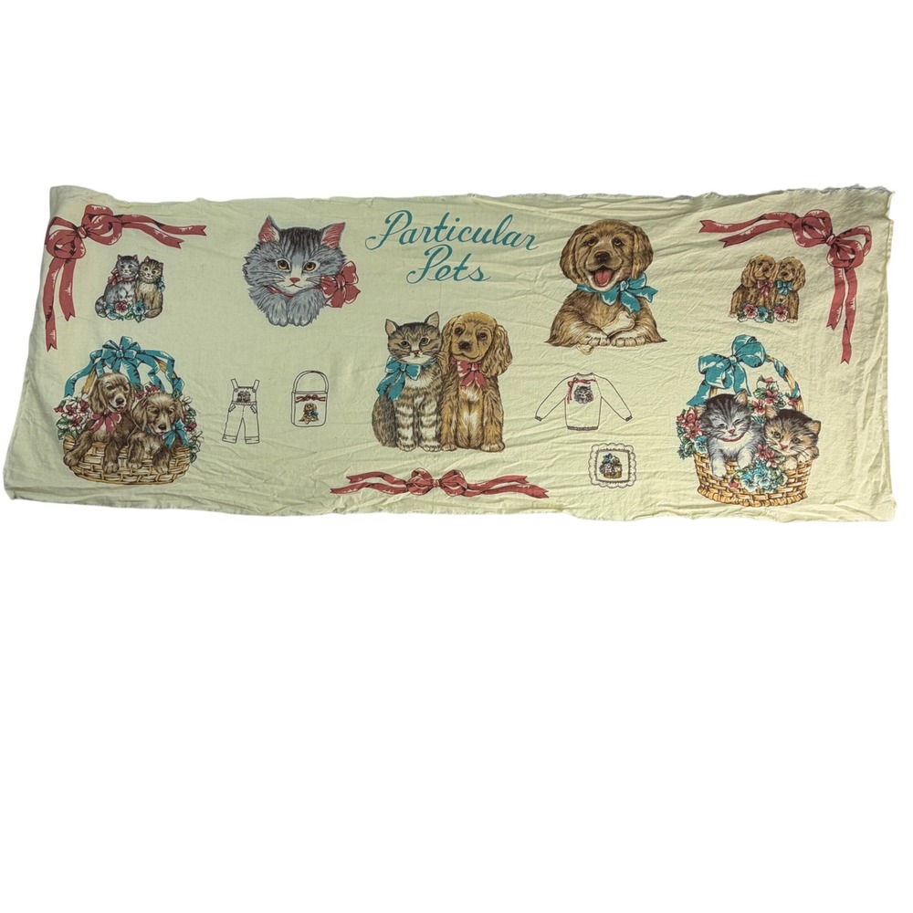 Vintage Particular Pets Cotton Fabric Panel Kittens Puppies Bows Cream Appliqués